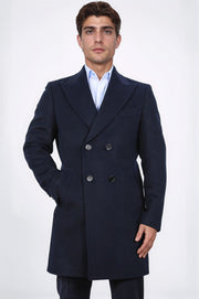 kruvaze sivri yaka yün ve kaşmir karışımlı lacivert kaban